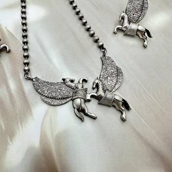 Indian oxidized horse chain pendant with horse ring and earrings jewelry set 2
