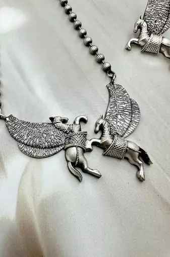 Indian oxidized horse chain pendant with horse ring and earrings jewelry set