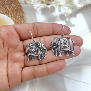 Elephant silver toned earrings - elephant shaped oxidised stud friction push back 1