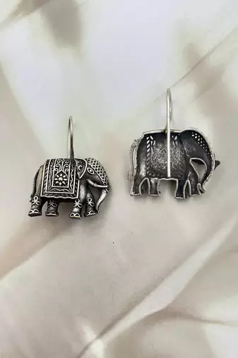 Elephant silver toned earrings - elephant shaped oxidised stud friction push back