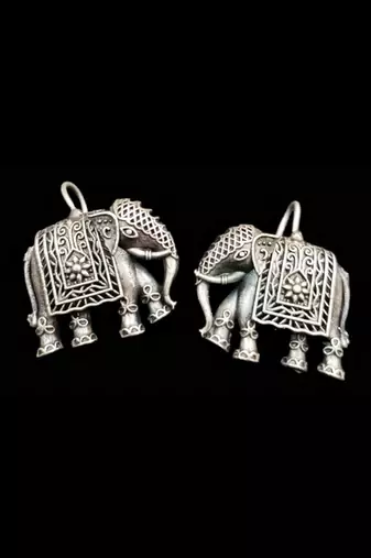 Elephant silver toned earrings - elephant shaped oxidised stud friction push back
