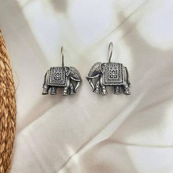Elephant silver toned earrings - elephant shaped oxidised stud friction push back 4