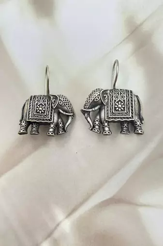 Elephant silver toned earrings - elephant shaped oxidised stud friction push back