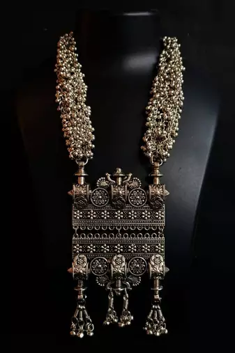 Oxidized peacock long necklace,afghani boho tribal jewelry,ghunghroo long chain antique necklace