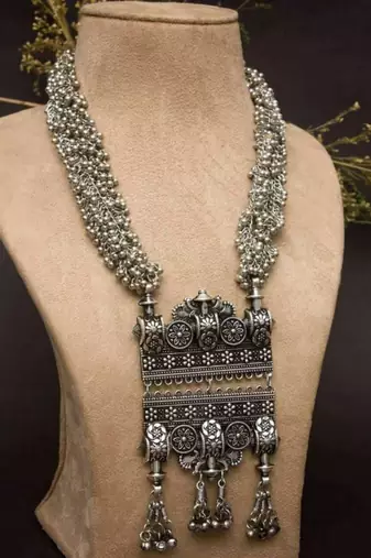 Oxidized peacock long necklace,afghani boho tribal jewelry,ghunghroo long chain antique necklace