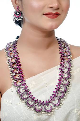 Ruby red necklace set indian oxidised long stone necklace set indian jewelry wedding partywear handmade jewelry