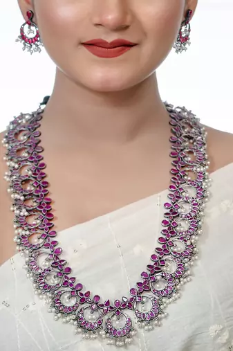 Ruby red necklace set indian oxidised long stone necklace set indian jewelry wedding partywear handmade jewelry