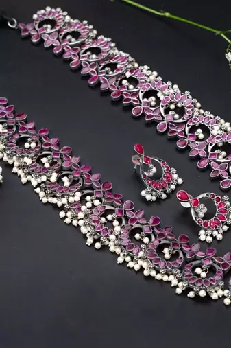Ruby red necklace set indian oxidised long stone necklace set indian jewelry wedding partywear handmade jewelry
