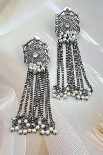 Afghani dangler earrings, indian oxidised pearl drop earrings, long earrings, german silver dangler drop earrings