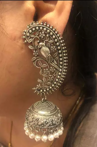 Silver replica jhumki, dangler jhumka earrings with pearl drop,indian oxidized earrings, jhumka jhumki earrings