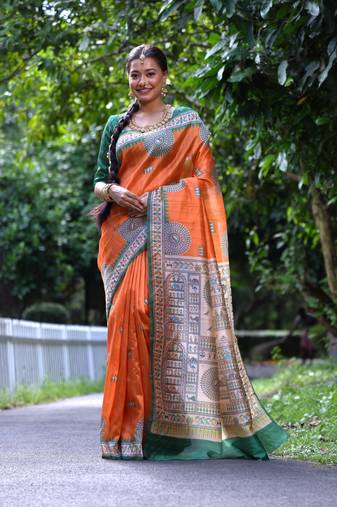 Orange Soft Tussar Silk Saree With Beautiful Madhubani Print Pallu And Contrast Border With Blouse