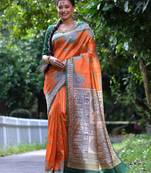 Orange Soft Tussar Silk Saree With Beautiful Madhubani Print Pallu And Contrast Border With Blouse
