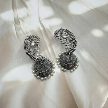 Silver replica jhumki, dangler jhumka earrings with pearl drop,indian oxidized earrings, jhumka jhumki earrings 3