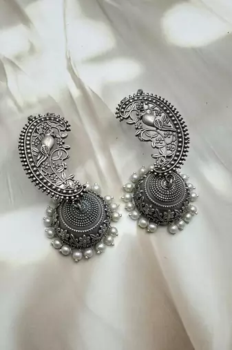 Silver replica jhumki, dangler jhumka earrings with pearl drop,indian oxidized earrings, jhumka jhumki earrings