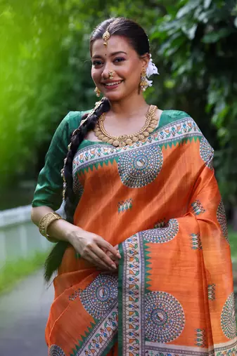Orange Soft Tussar Silk Saree With Beautiful Madhubani Print Pallu And Contrast Border With Blouse