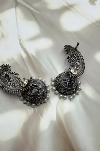 Silver replica jhumki, dangler jhumka earrings with pearl drop,indian oxidized earrings, jhumka jhumki earrings