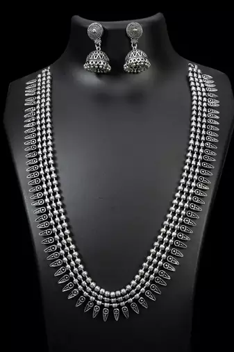 Silver oxidized long necklace set,silver look alike long necklace, necklace jewelry, indian sla necklace