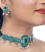 Pearl stone emerald green choker set indian temple jewellery, gift for her ethnic choker set, kemp jewelry