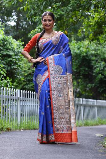 Blue Soft Tussar Silk Saree With Beautiful Madhubani Print Pallu And Contrast Border With Blouse