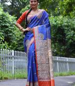 Blue Soft Tussar Silk Saree With Beautiful Madhubani Print Pallu And Contrast Border With Blouse