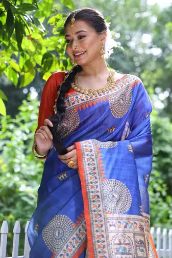 Blue Soft Tussar Silk Saree With Beautiful Madhubani Print Pallu And Contrast Border With Blouse