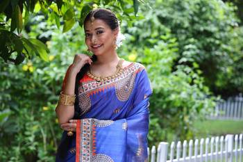 Blue Soft Tussar Silk Saree With Beautiful Madhubani Print Pallu And Contrast Border With Blouse 4