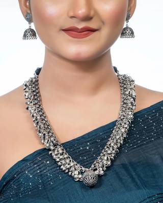 Ghungroo long necklace - indian oxidized set, heavy wedding wear handmade neck piece with a pendant 1