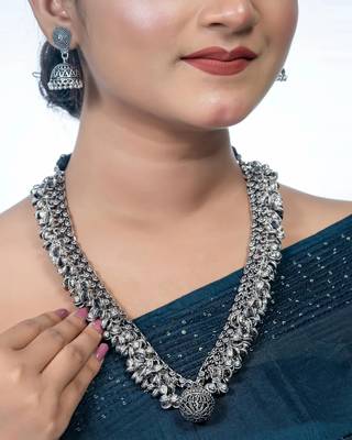 Ghungroo long necklace - indian oxidized set, heavy wedding wear handmade neck piece with a pendant 2