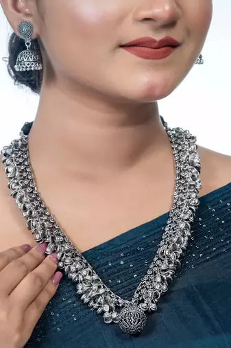 Ghungroo long necklace - indian oxidized set, heavy wedding wear handmade neck piece with a pendant