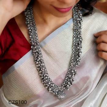 Ghungroo long necklace - indian oxidized set, heavy wedding wear handmade neck piece with a pendant 4