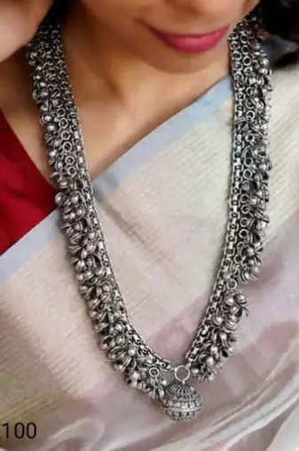 Ghungroo long necklace - indian oxidized set, heavy wedding wear handmade neck piece with a pendant