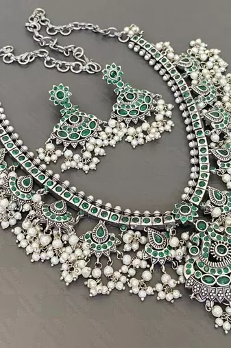 Oxidised green stone necklace set, indian jewellery, south indian jewellery, pearl necklace set green stone