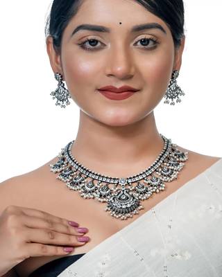 Oxidised white stone necklace set, indian jewellery, south indian jewellery, pearl necklace set 1