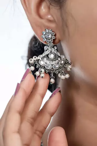 Oxidised white stone necklace set, indian jewellery, south indian jewellery, pearl necklace set