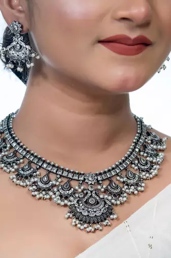 Oxidised white stone necklace set, indian jewellery, south indian jewellery, pearl necklace set