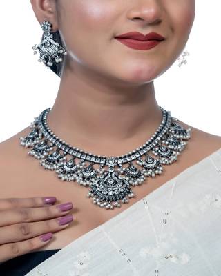 Oxidised white stone necklace set, indian jewellery, south indian jewellery, pearl necklace set 4