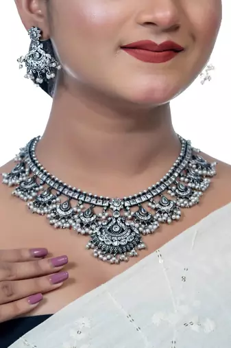 Oxidised white stone necklace set, indian jewellery, south indian jewellery, pearl necklace set