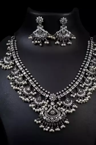 Oxidised white stone necklace set, indian jewellery, south indian jewellery, pearl necklace set