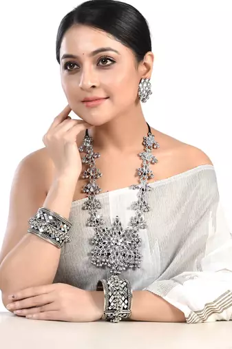 Afghani kada and necklace set combo, oxidised tribal mirror ghungroo jewelry