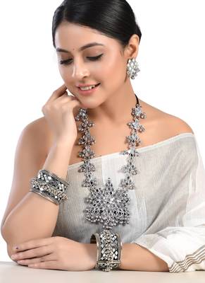 Afghani kada and necklace set combo, oxidised tribal mirror ghungroo jewelry 1