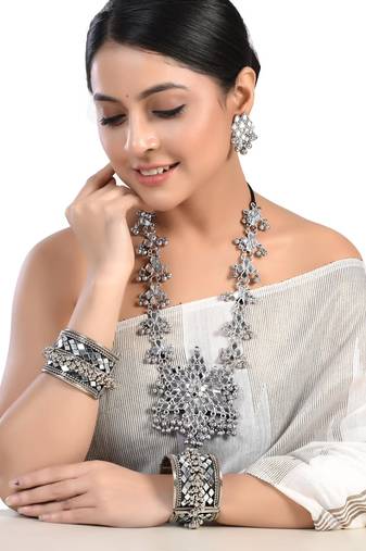 Afghani kada and necklace set combo, oxidised tribal mirror ghungroo jewelry