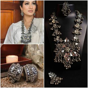 Afghani kada and necklace set combo, oxidised tribal mirror ghungroo jewelry 4
