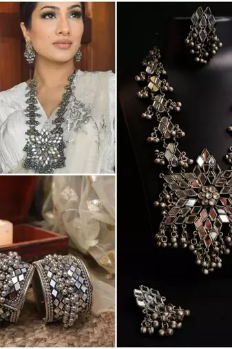 Afghani kada and necklace set combo, oxidised tribal mirror ghungroo jewelry