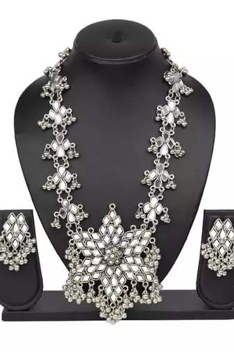 Afghani kada and necklace set combo, oxidised tribal mirror ghungroo jewelry