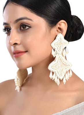White long dangler earrings, long handmade earrings, indian jewelry, indian earrings, oxidized earrings 1