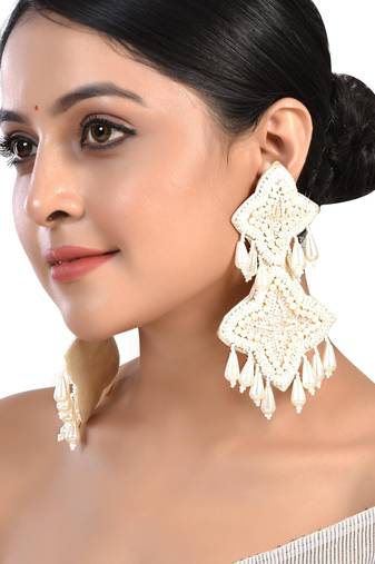 White long dangler earrings, long handmade earrings, indian jewelry, indian earrings, oxidized earrings