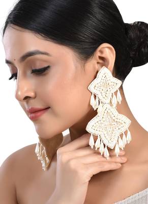 White long dangler earrings, long handmade earrings, indian jewelry, indian earrings, oxidized earrings 2
