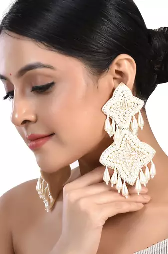 White long dangler earrings, long handmade earrings, indian jewelry, indian earrings, oxidized earrings