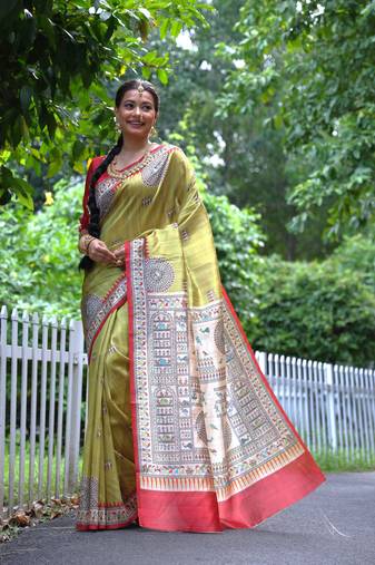 Yellow Soft Tussar Silk Saree With Beautiful Madhubani Print Pallu And Contrast Border With Blouse