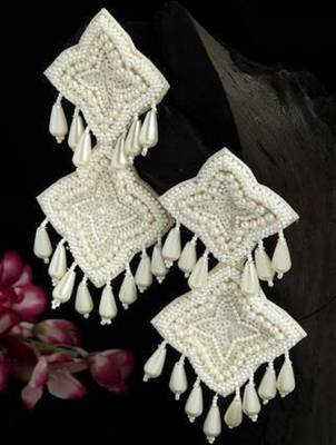 White long dangler earrings, long handmade earrings, indian jewelry, indian earrings, oxidized earrings 3